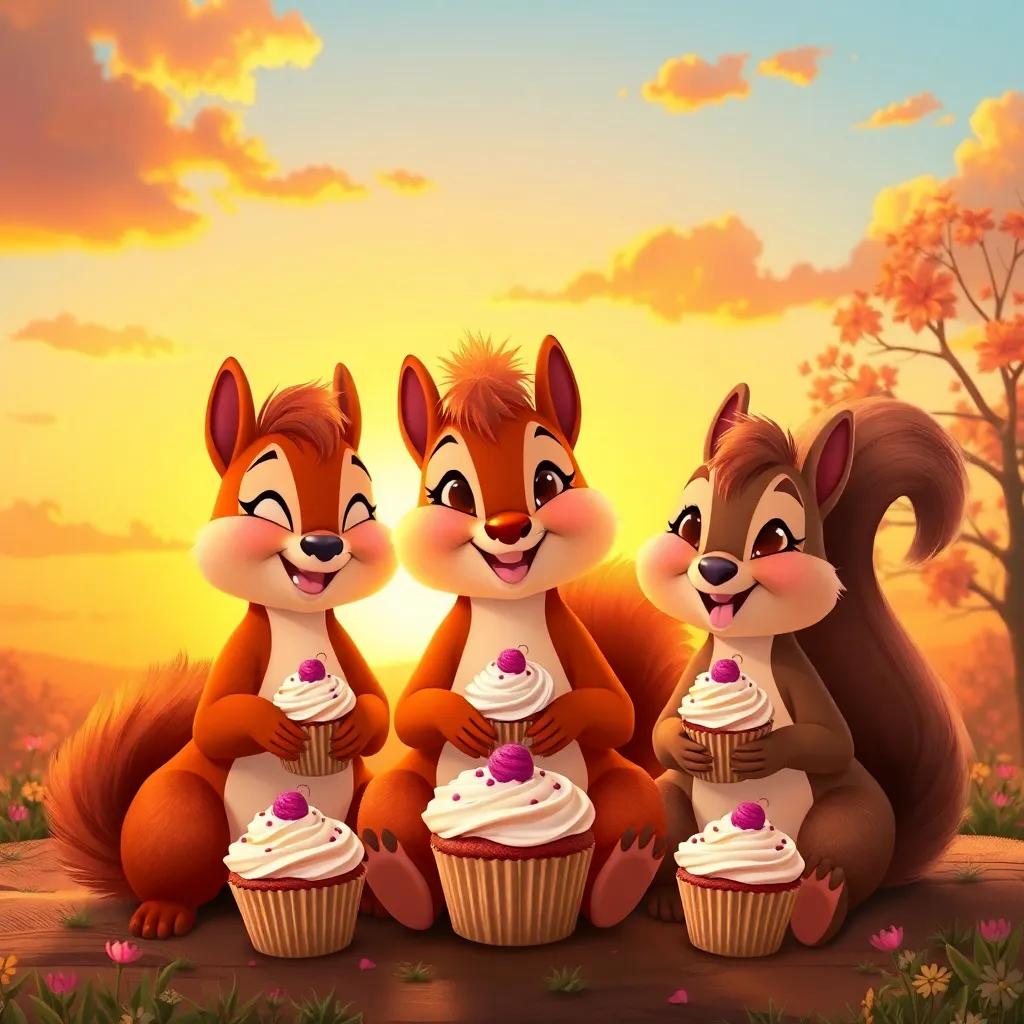 A stunning sunset background with Susi the squirrel and her friends sitting together, smiling and enjoying their delicious cupcakes, warm colors, heartwarming scene, cheerful and inviting atmosphere, high quality
