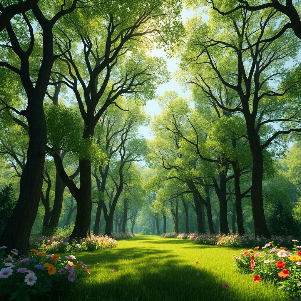 Un hermoso bosque con árboles altos y llenos de hojas verdes, un claro iluminado por el sol, con flores coloridas por todas partes, digital art, vibrante, alegre, perspectiva desde el suelo, alta calidad