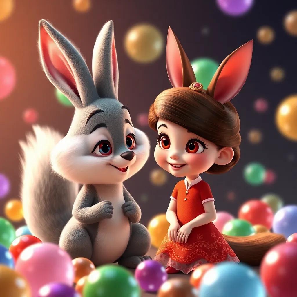 Clara, una ardilla pequeña con pelaje marrón y ojos brillantes, hablando con Tomás, el conejo blanco, ambos sonrientes, rodeados de globos coloridos, ilustración, animada, alegre, enfoque en los personajes.