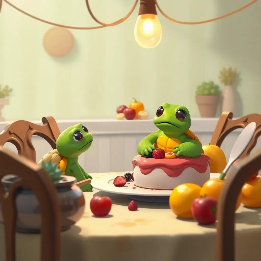 Sofía, la tortuga verde, en una mesa decorada, horneando un pastel grande y esponjoso, con frutas frescas y velas, rodeada de utensilios de cocina, digital painting, cálido, encantador, enfoque en la tortuga.