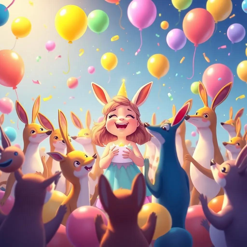 El claro lleno de amigos: ardillas, conejos y ciervos, todos celebrando con globos y pastel. Clara en el centro, sonriendo ampliamente, digital art, colorido, celebración, alegre, vista panorámica.