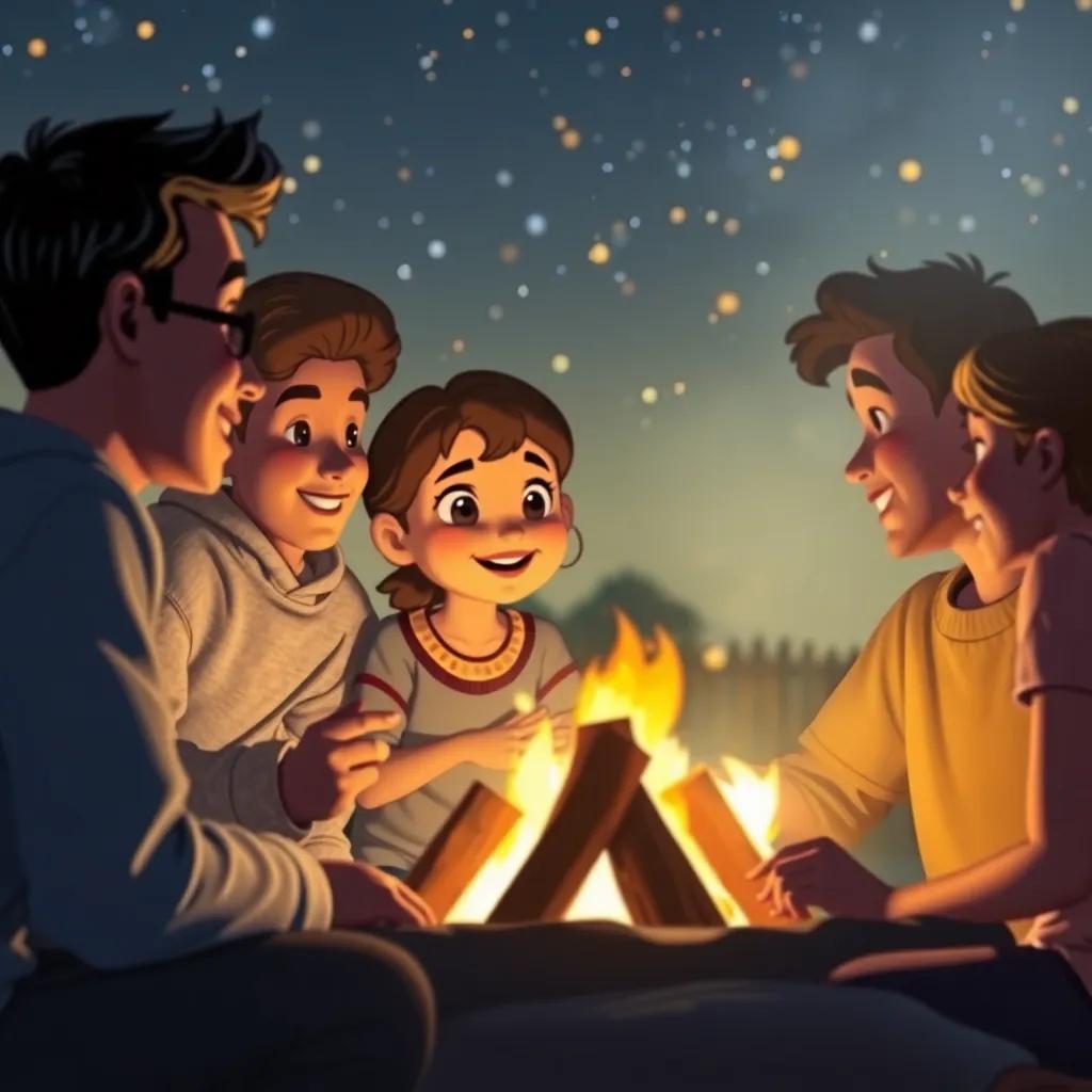 Amigos reunidos alrededor de una fogata, con luces brillantes en el fondo, contando historias y riendo bajo un cielo estrellado, Clara viendo con una sonrisa llena de gratitud, arte digital, nostálgico, cálido, enfoque en la amistad.