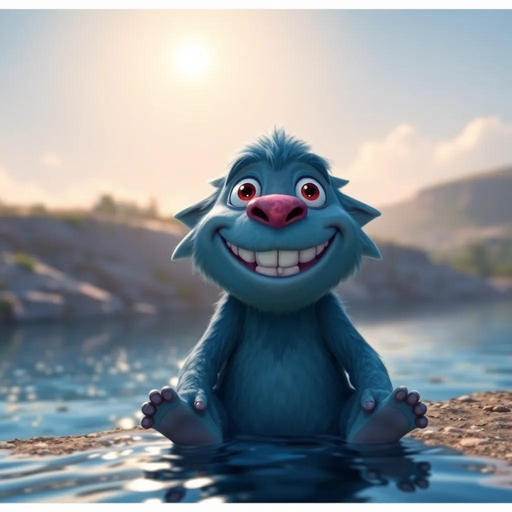 Un hipopótamo feliz llamado Hugo, con piel gris y una gran sonrisa, sentándose junto al río brillante, bajo un cielo azul, con el sol brillando, digital art, colorido, ambiente alegre, calidad alta