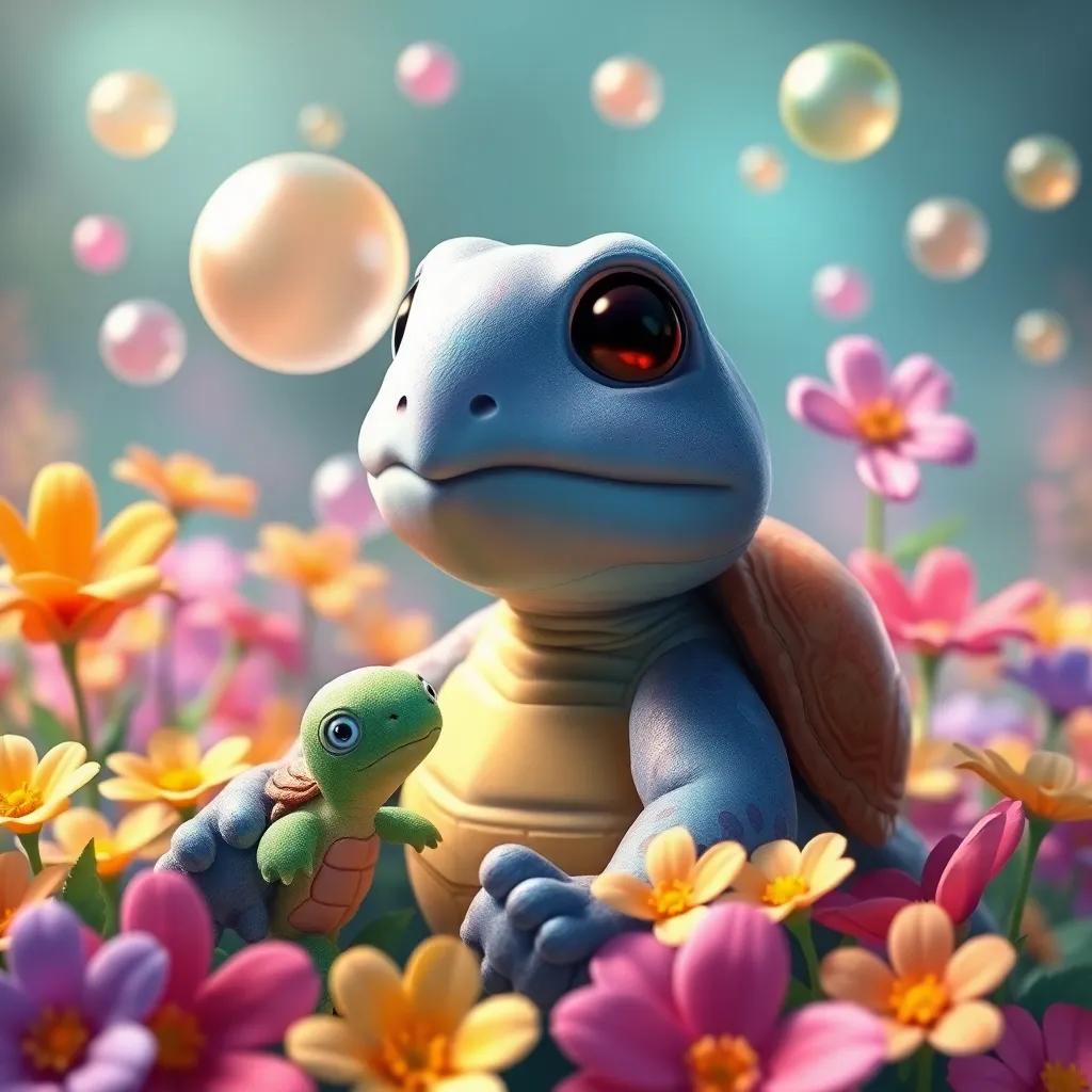 Hugo, un hipopótamo emocionado, rodeado de flores de colores, con globos flotando a su alrededor, junto a su amiga la tortuga que trae flores, digital art, cálido, lleno de vida, desde un ángulo amigable