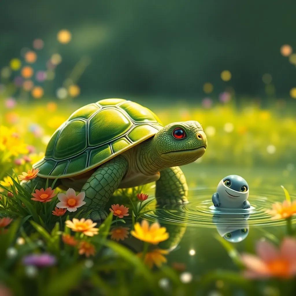 La tortuga, con un caparazón verde claro, recogiendo flores coloridas en el campo, mientras el pez salta en el agua cercana buscando globos, motivado, digital painting, vibrante, estilo alegre, enfoque claro