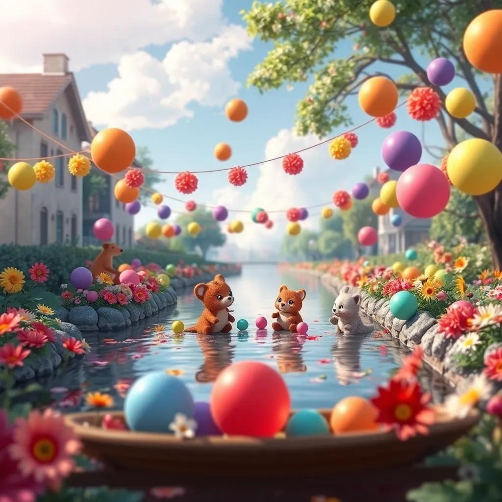 Un bello paisaje del río decorado con flores y globos multicolores, con los animalitos trabajando juntos, digital art, amigable, atmósfera festiva, enfoque alegre, alta calidad