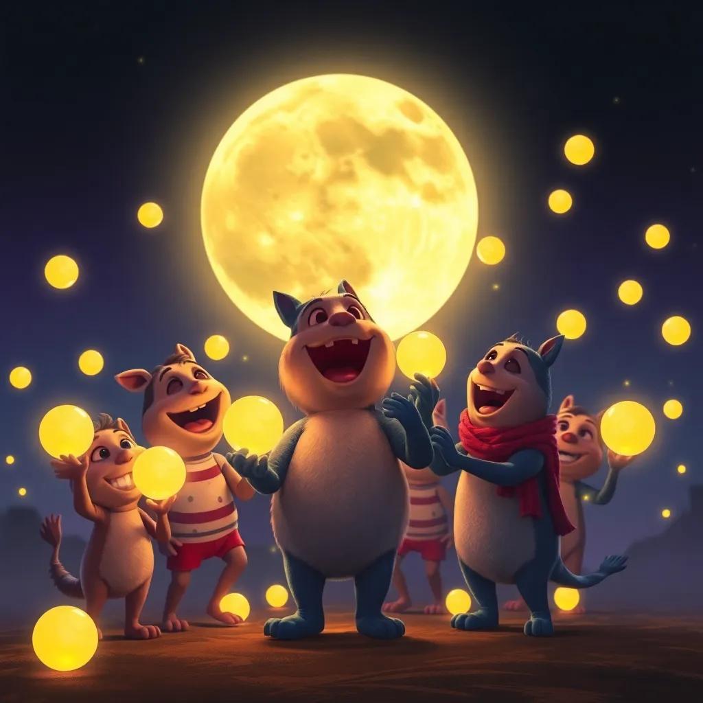 Hugo, un hipopótamo alegre, rodeado de sus amigos, cantando y bailando bajo la luna, con globos iluminados, creando una atmósfera mágica, digital painting, realista, momento especial, calidad alta