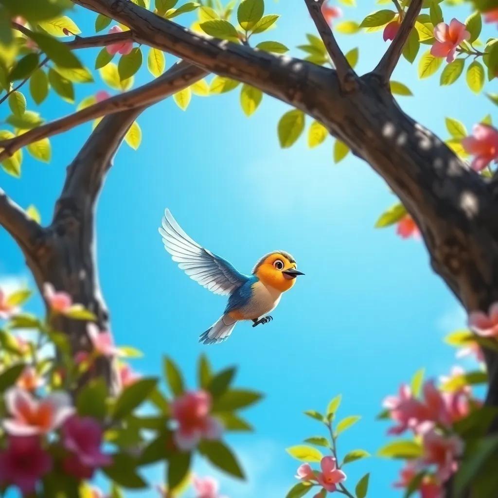 Un pajarito llamado Pico, un pequeño pájaro colorido, volando entre ramas, bajo un cielo azul brillante, rodeado de árboles y flores, digital art, alegre, colorido, amigable, high quality