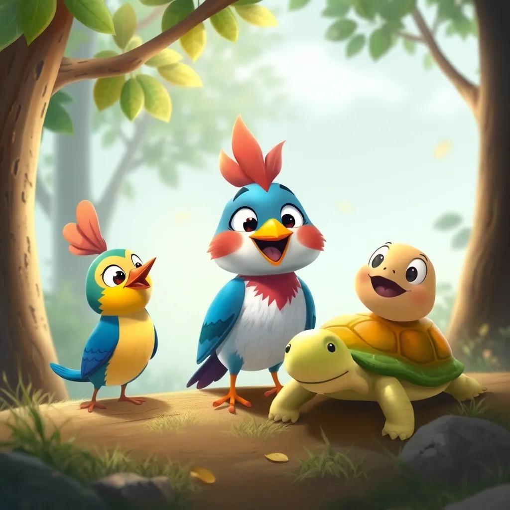 Pico, el pajarito, invitando a sus amigos del bosque, como una ardilla, un conejo y una tortuga, todos sonriendo y emocionados, en un claro del bosque, digital illustration, cálido, divertido, amigable, high quality