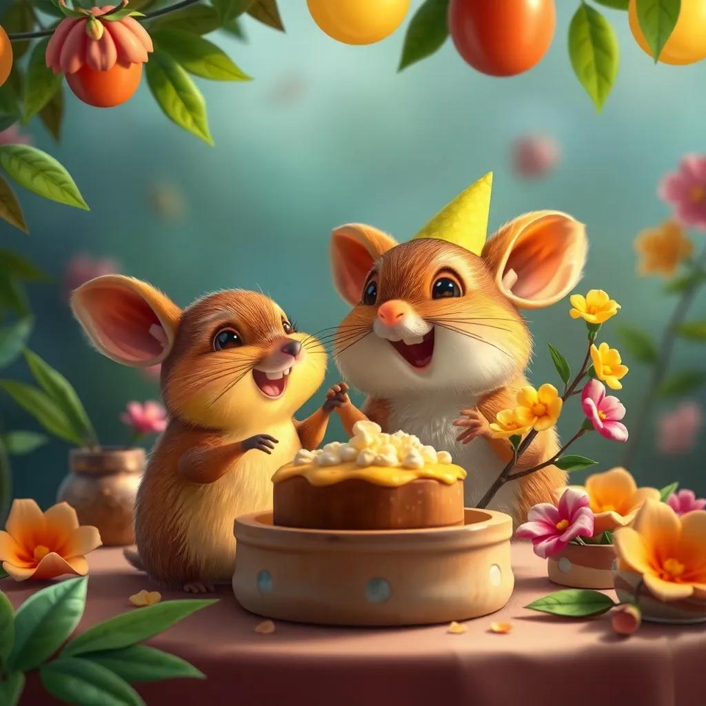 Pico decorando su fiesta con hojas y flores, con su ardilla amiga trayendo nueces, un ambiente festivo con risas y alegría, colorido y vibrante, digital art, detallado, feliz, high quality