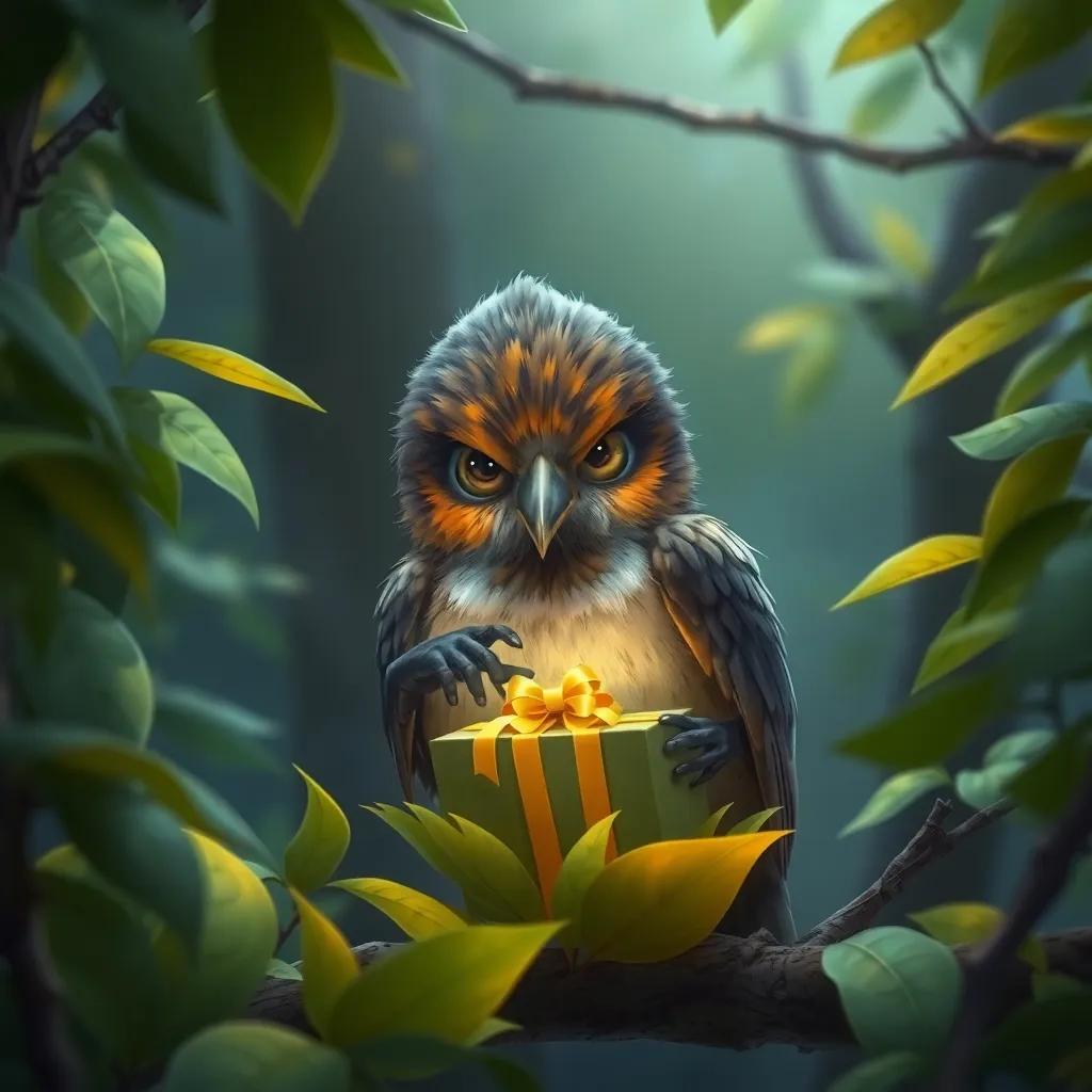 El búho sabio, un gran búho con plumas marrones, entregando un regalo en hojas verdes y amarillas, rodeado de naturaleza, en el bosque, digital painting, misterioso, amigable, high quality