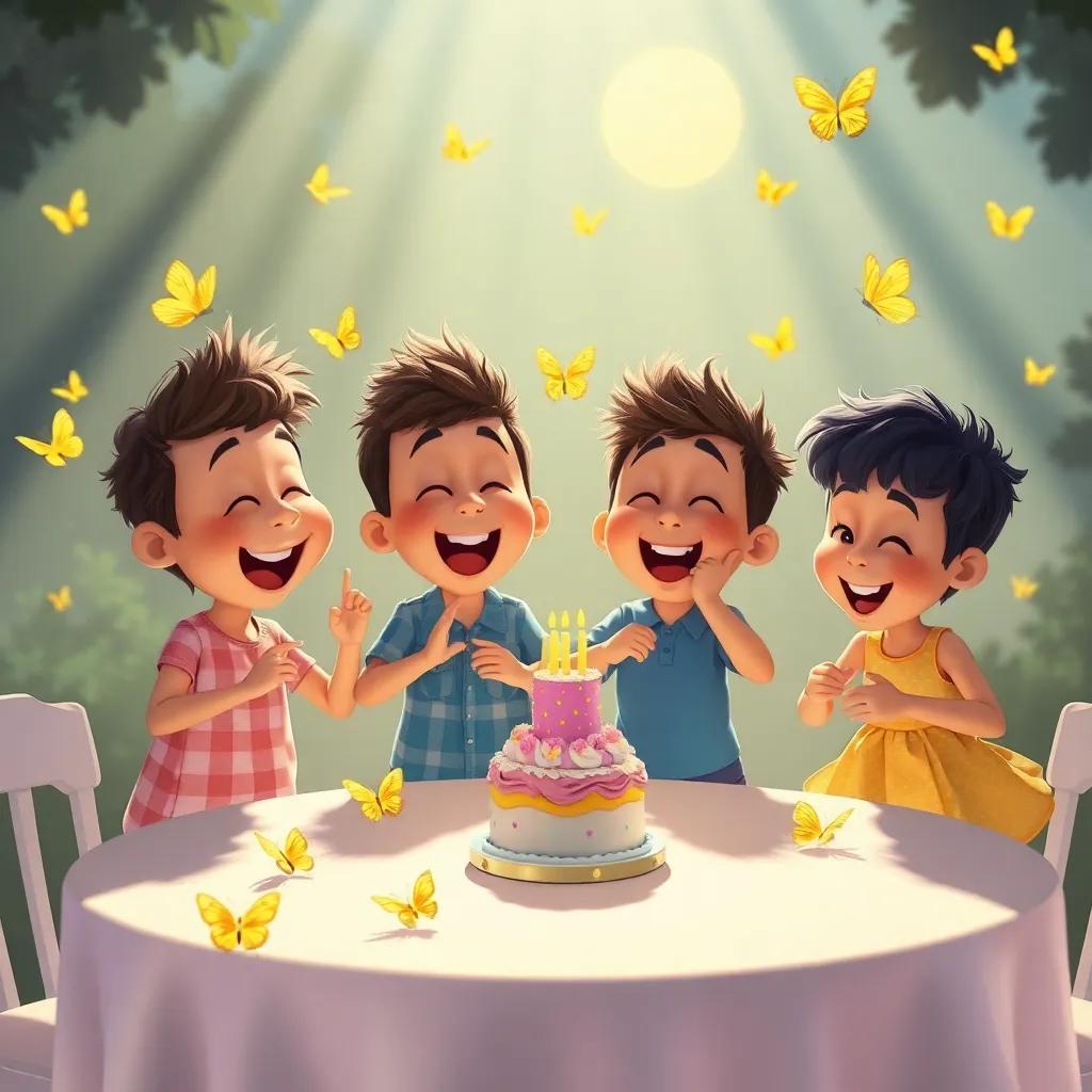 Los amigos de Pico bailando y cantando, bajo los rayos del sol, mariposas volando y pastel de cumpleaños en una mesa, ambiente festivo y alegre, digital art, encantador, divertido, high quality