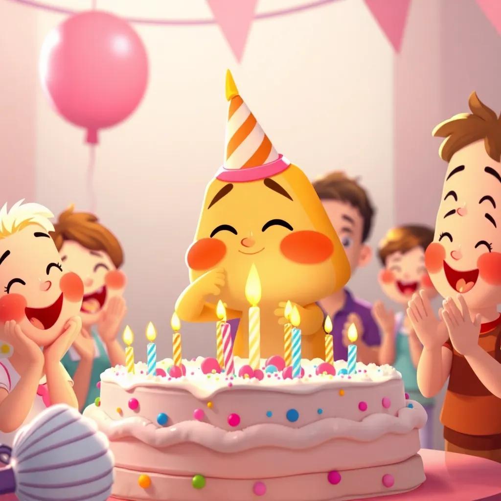 Pico soplando las velas de su pastel de cumpleaños, con sus amigos aplaudiendo y sonriendo, un momento lleno de amor y alegría, digital illustration, cálido, feliz, high quality