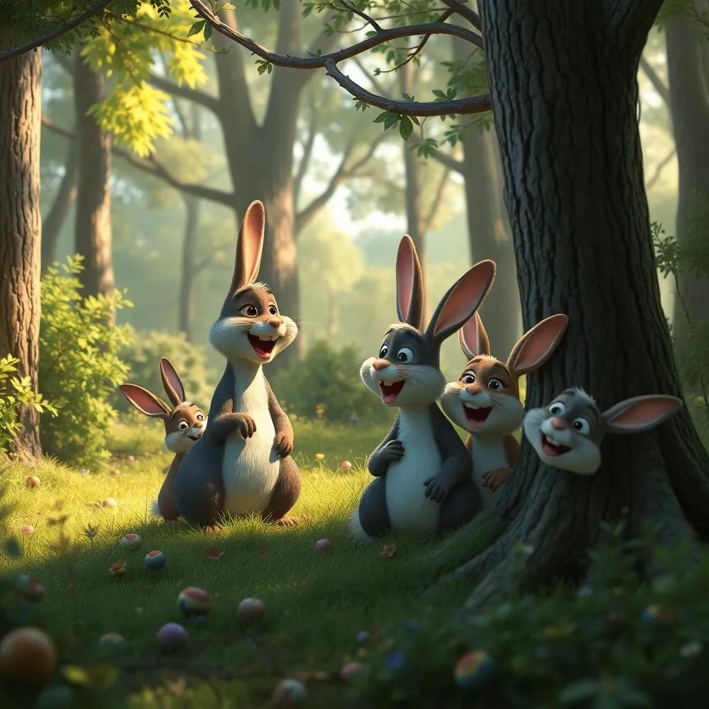 Un conejo contando y otros amigos escondiéndose en el bosque, árboles y arbustos alrededor, ambiente de juego y risas, digital art, divertido, alegre, high quality