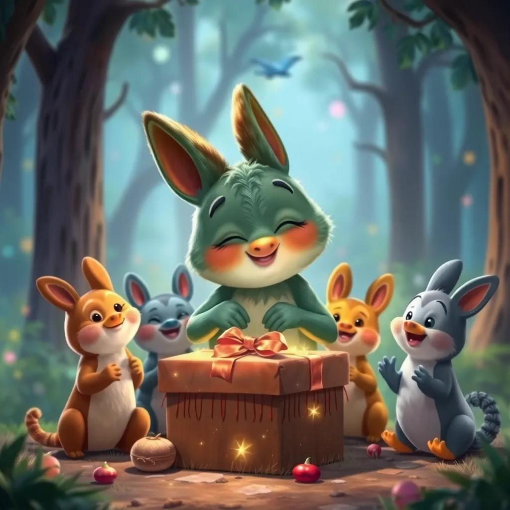 Pico abriendo su regalo, un silbato de madera, todos los amigos alrededor emocionados, en un claro del bosque lleno de colores, digital painting, encantador, feliz, high quality