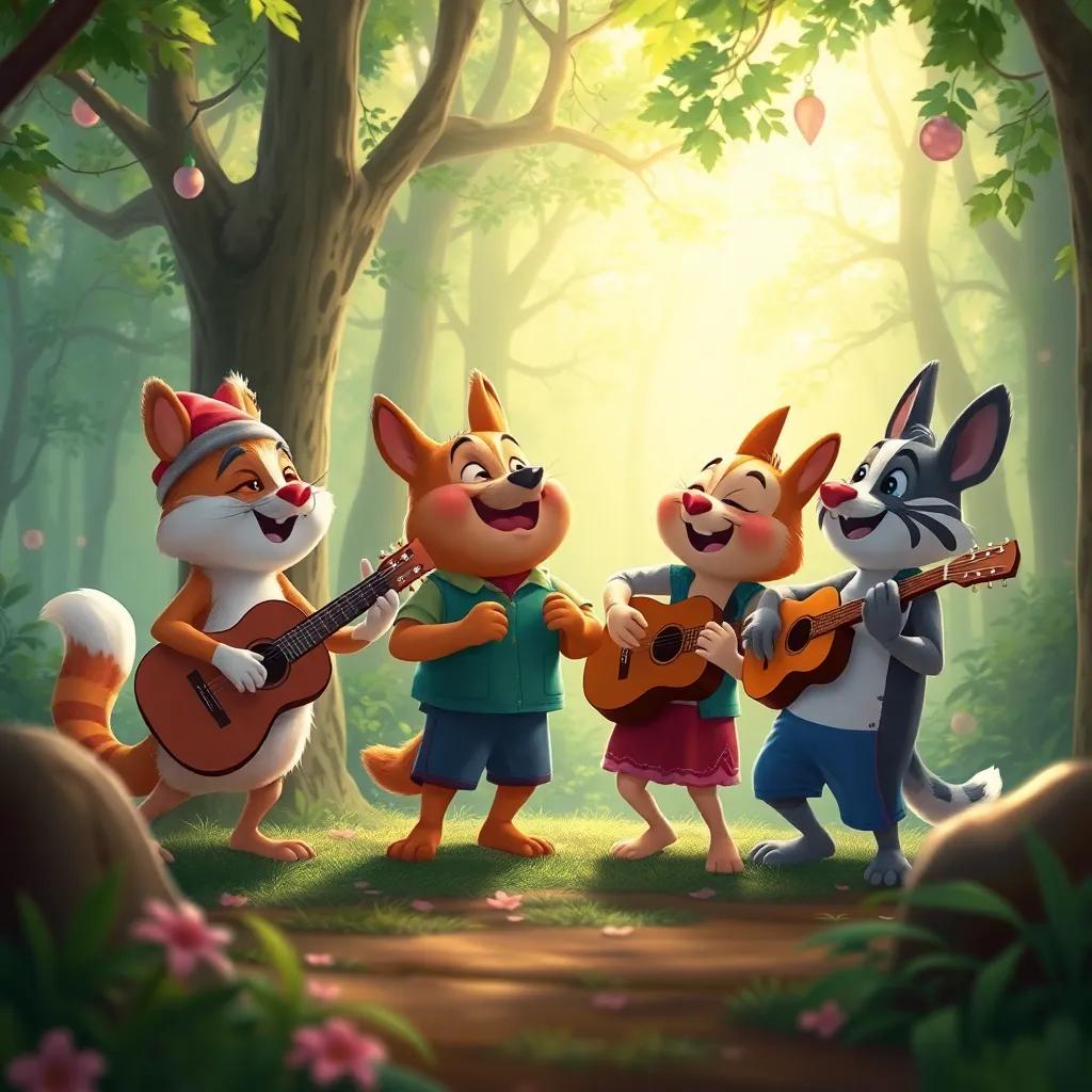Los amigos de Pico cantando y bailando juntos, el bosque lleno de música y alegría, un momento mágico y festivo, digital illustration, brillante, divertido, high quality