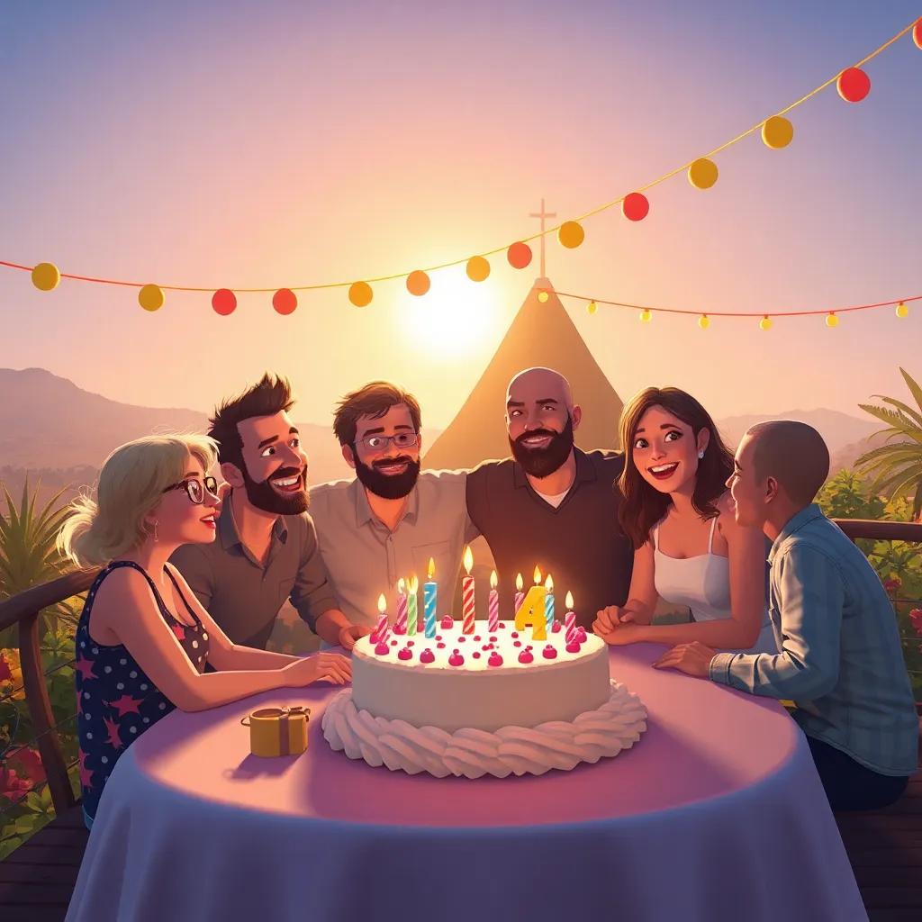 Pico, rodeado de sus amigos, disfrutando de su fiesta de cumpleaños, con el sol poniente al fondo y mucha felicidad en el ambiente, digital art, cálido, celebratorio, high quality