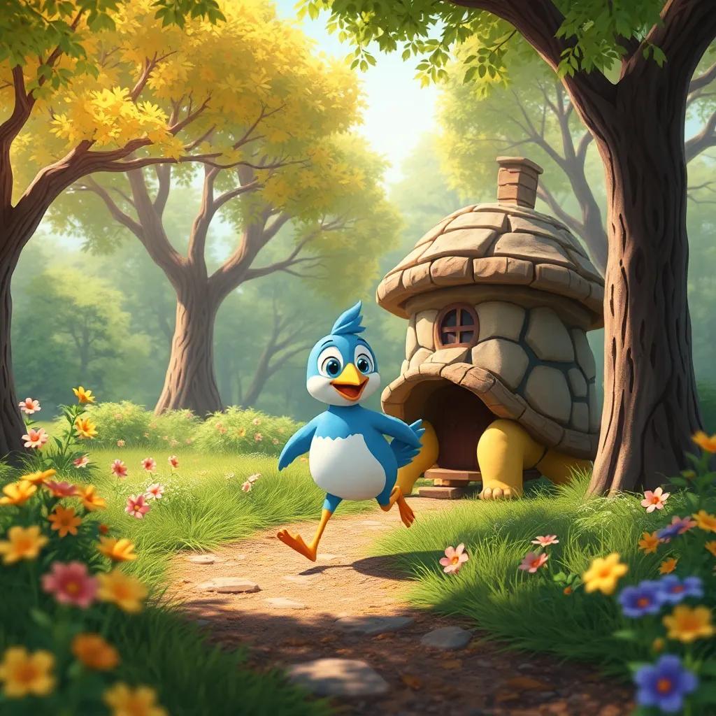 Un pato pequeño, Pablo, corriendo hacia la casa de una tortuga, rodeado de hermoso bosque, con árboles y flores, ilustración, alegre, detallado