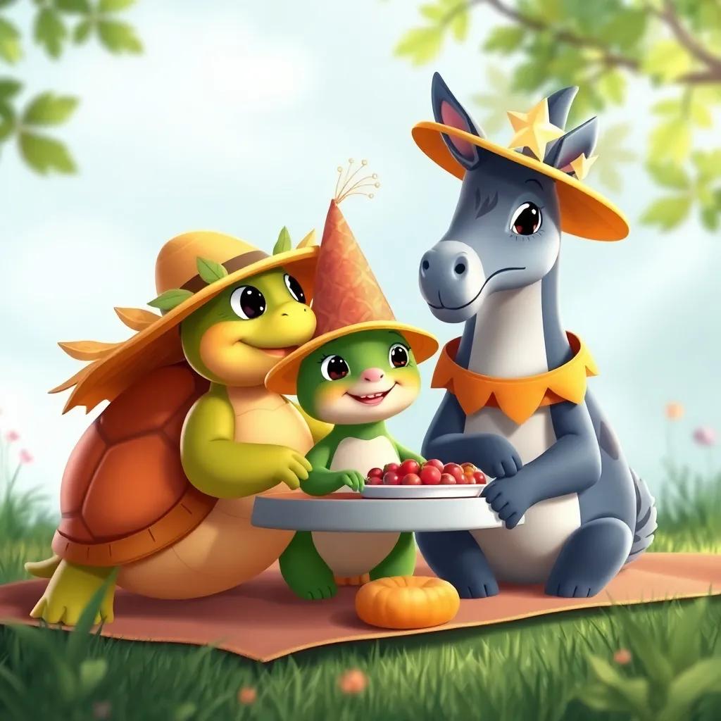 Una tortuga usando un sombrero de hojas, un conejo con orejas de papel y un zorro con un sombrero brillante, riendo juntos en un picnic, colorido, cálido, estilo infantil