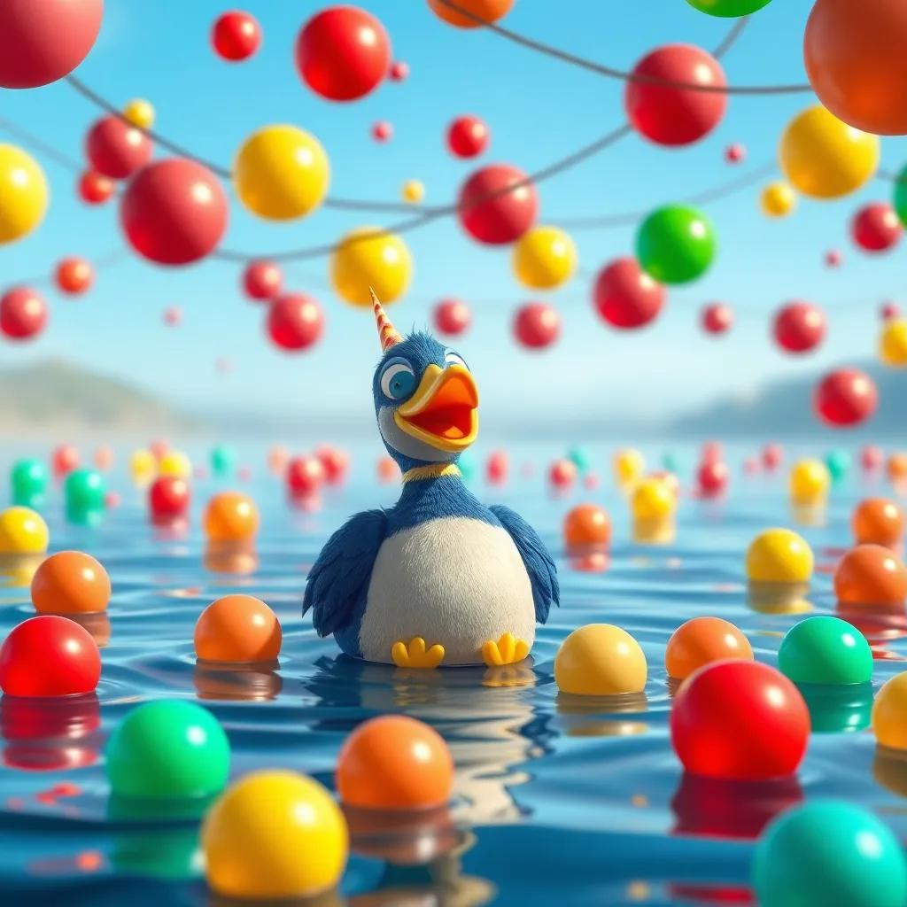 Un lago decorado con globos de colores brillantes: rojos, azules, verdes y amarillos, un pato pequeño organizando la fiesta con alegría, digital art, vibrante, festivo