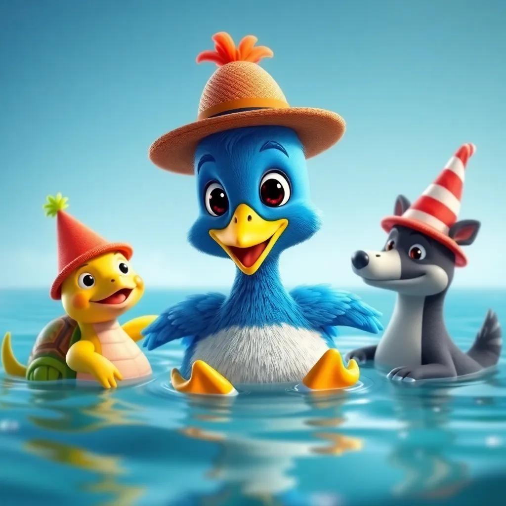 Un pato pequeño, Pablo, nadando felizmente, rodeado de sus amigos: tortuga, conejo y zorro, todos con sus sombreros divertidos, escena alegre, colorida, calidad alta
