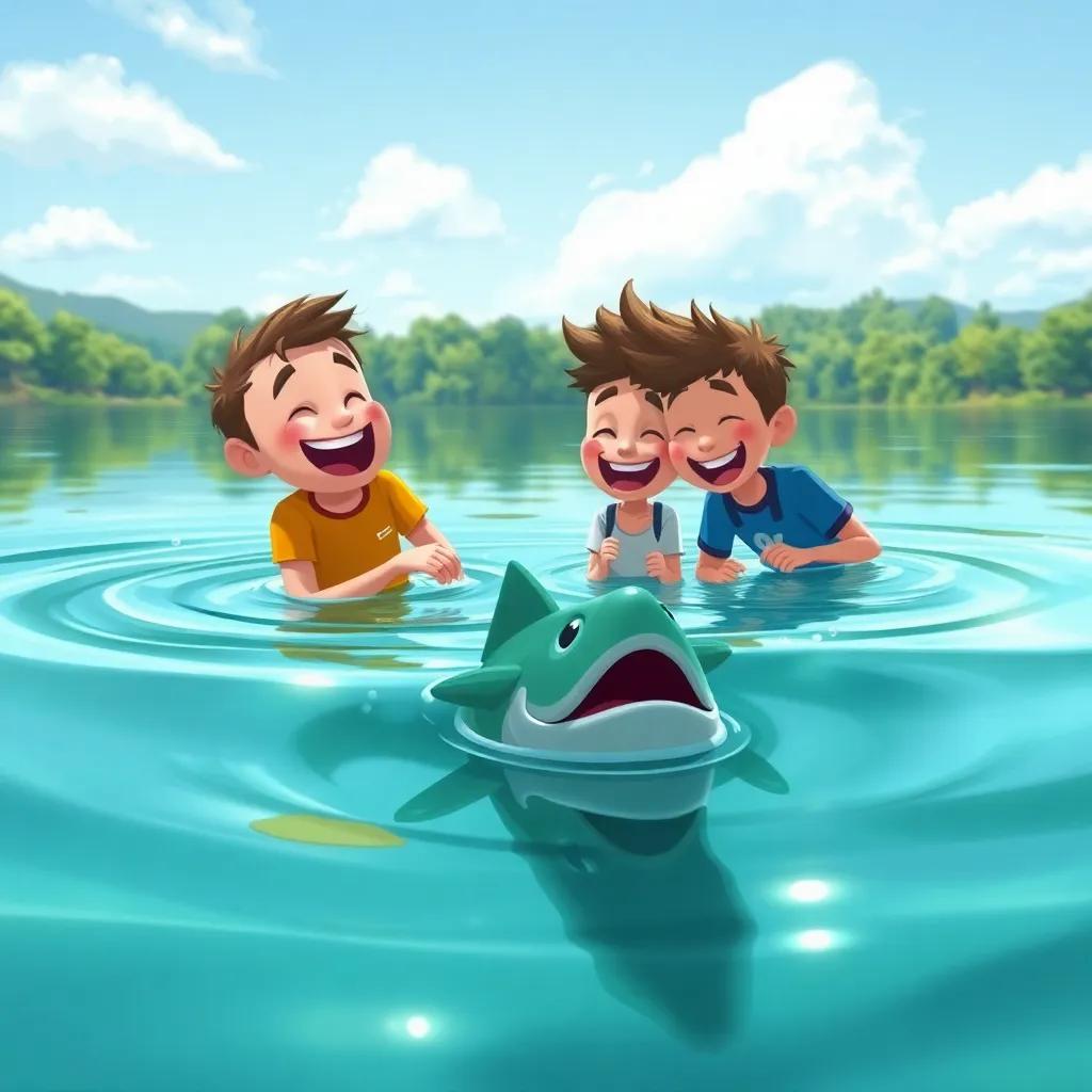 Los amigos jugando a atrapar el pez en el lago, riendo y chapoteando, todos sonriendo, digital painting, alegre, divertido