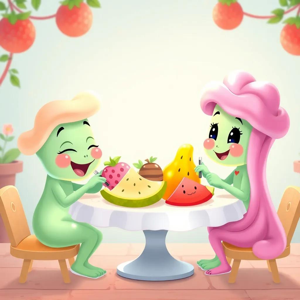 Un hermoso pastel de algas y galletas de zanahoria, frutas frescas en una mesa, los amigos comiendo felices, colorido, cálido, estilo infantil