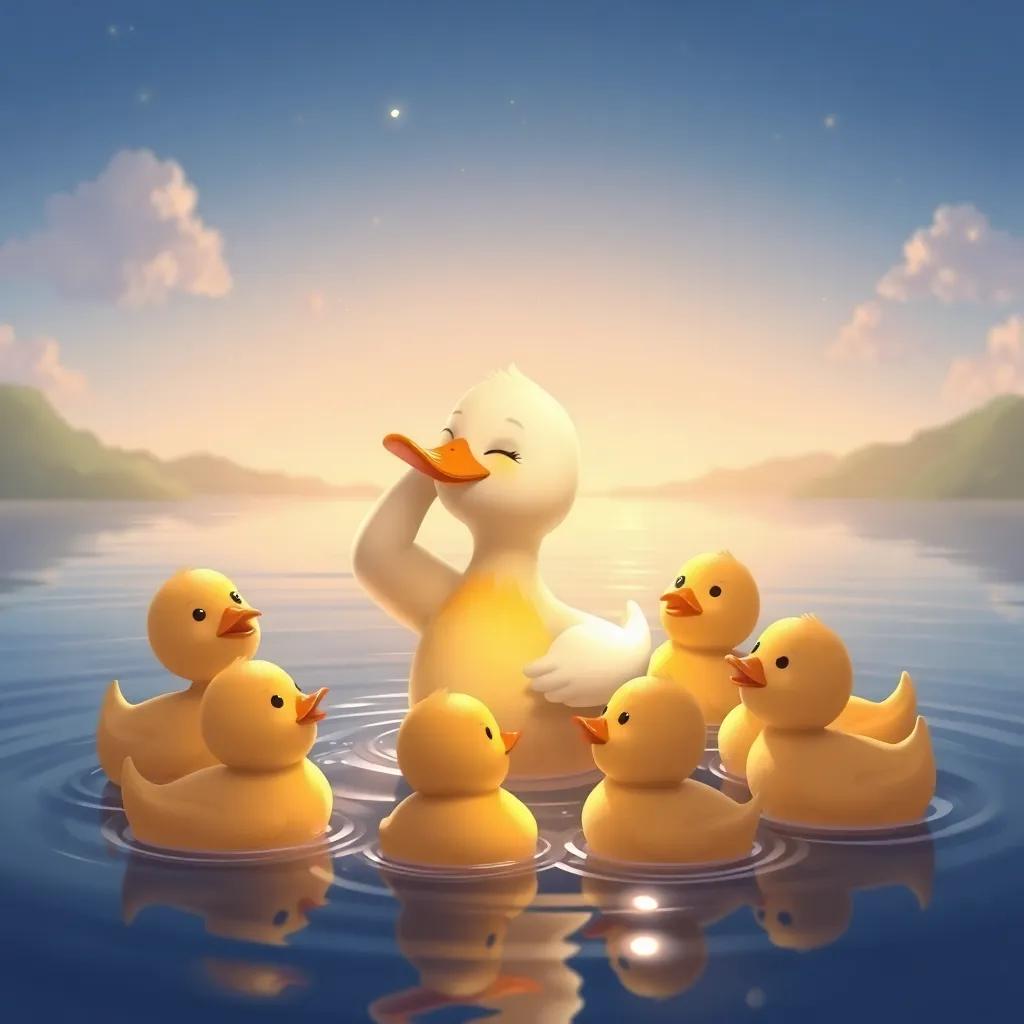 Un pato pequeño cerrando los ojos y pidiendo un deseo, rodeado de sus amigos felices en el lago, ilustración, mágico, encantador