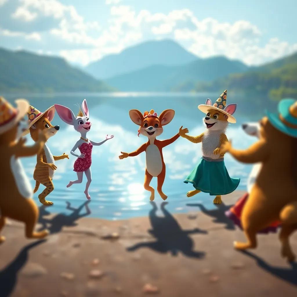 Un grupo de animales bailando alrededor del lago, creando una rueda con sonrisas y alegría, todos vestidos con sus sombreros divertidos, digital art, brillante, festivo