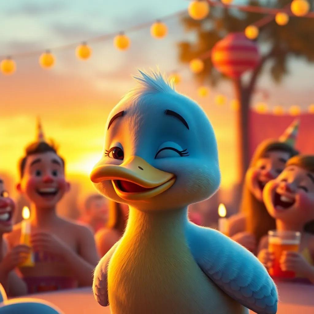 Un pato pequeño, Pablo, con una gran sonrisa, rodeado de amigos felices en una celebración, al atardecer, escena cálida, colorida