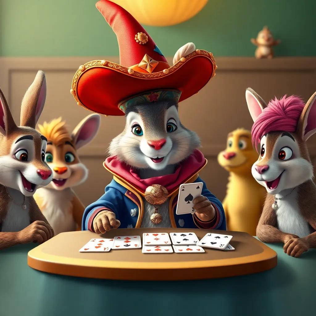 Un conejo vestido de mago, con una capa brillante y un sombrero alto, haciendo trucos de magia con cartas en una mesa. Sus amigos animales lo miran sorprendidos, colorful, fun, cheerful scene, high quality