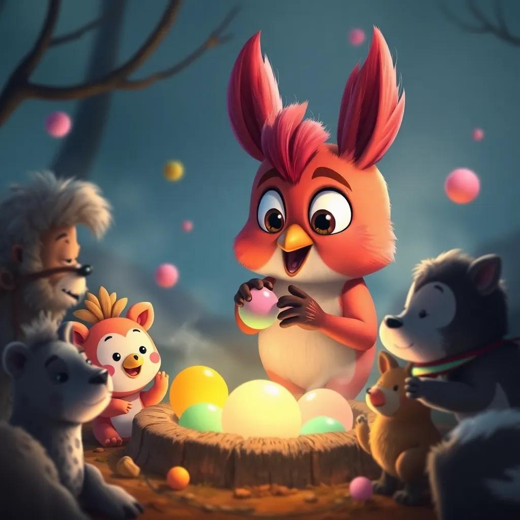 Un búho con cara pintada de payaso, sosteniendo globos de colores y riendo con los animales alrededor de una fogata. La escena es cálida y acogedora, digital painting, warm tones, high quality