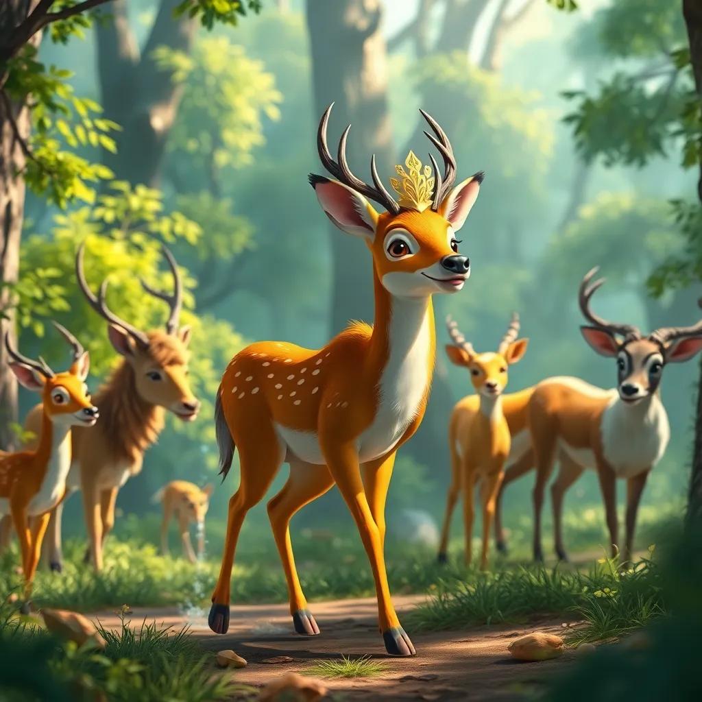 Un ciervo con corona dorada, caminando con gracia, mientras los otros animales lo saludan y hacen reverencias. El bosque está lleno de color y alegría, digital art, royal and vibrant, high quality