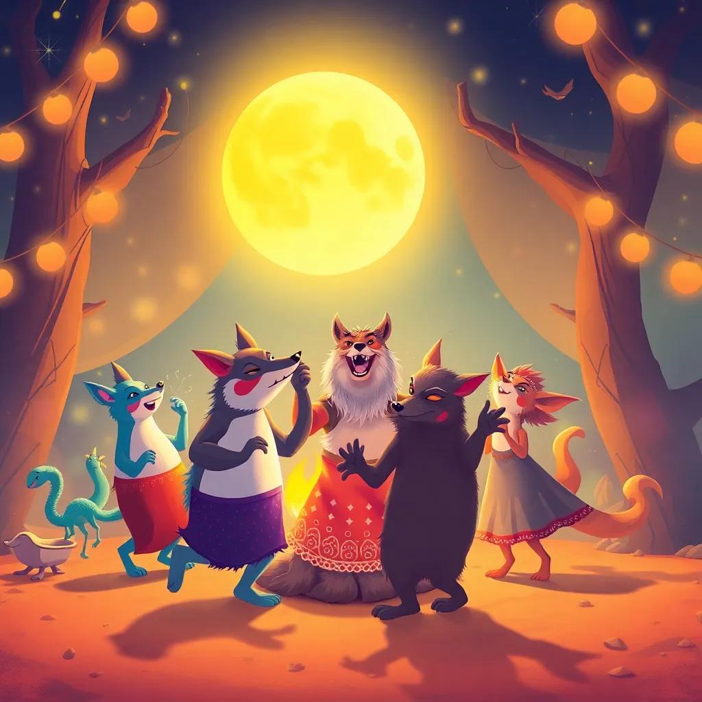 Animales bailando alegres alrededor de una fogata, con música llena de energía en una fiesta. La luna brilla sobre ellos, creando un ambiente mágico, illustration, lively, colorful, high quality