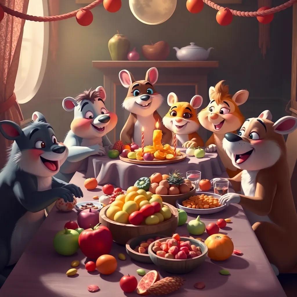 Una mesa llena de frutas y nueces, con los animales disfrutando de un delicioso banquete. Se ven felices y satisfechos, digital painting, rich colors, delightful scene, high quality