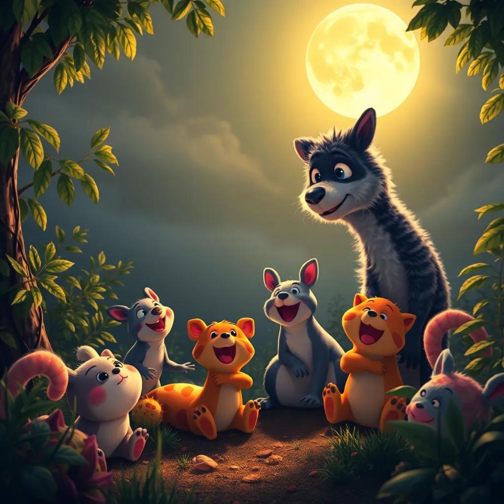 Animales jugando a escondidas bajo la luz de la luna, emocionados y buscando lugares divertidos para esconderse, with foliage and shadows, vibrant, playful, high quality