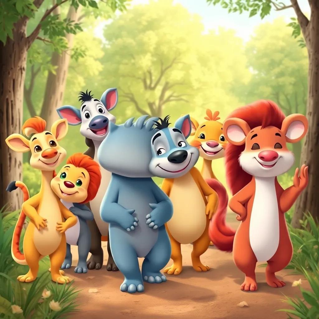 Todos los animales, regresando a casa por el bosque, con sonrisas en sus rostros, recordando la fiesta de disfraces. Hay un sentimiento de felicidad en el aire, illustration, joyful, colorful, high quality