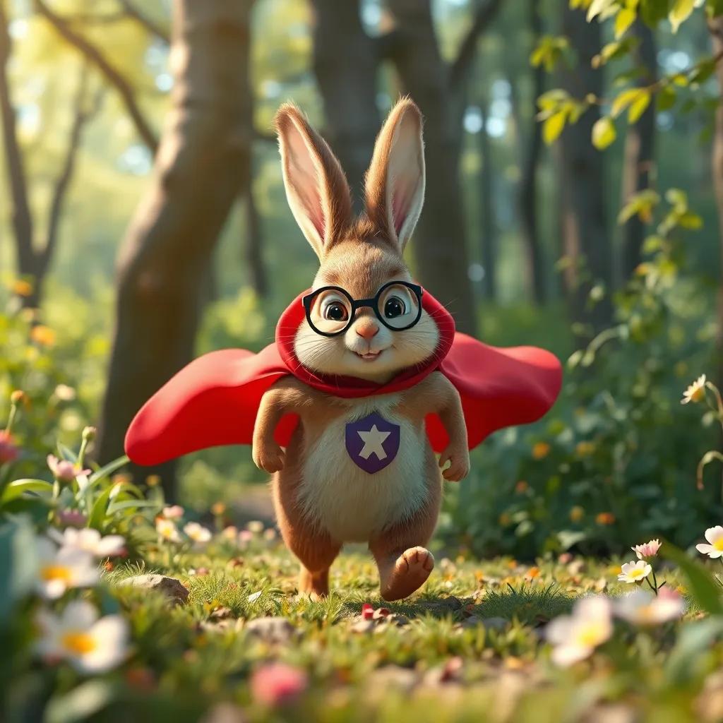Un conejo disfrazado de superhéroe, con una capa roja, corriendo por el bosque entre árboles y flores, arte alegre, colorido, con luz suave, calidad detallada, perspectiva cercana