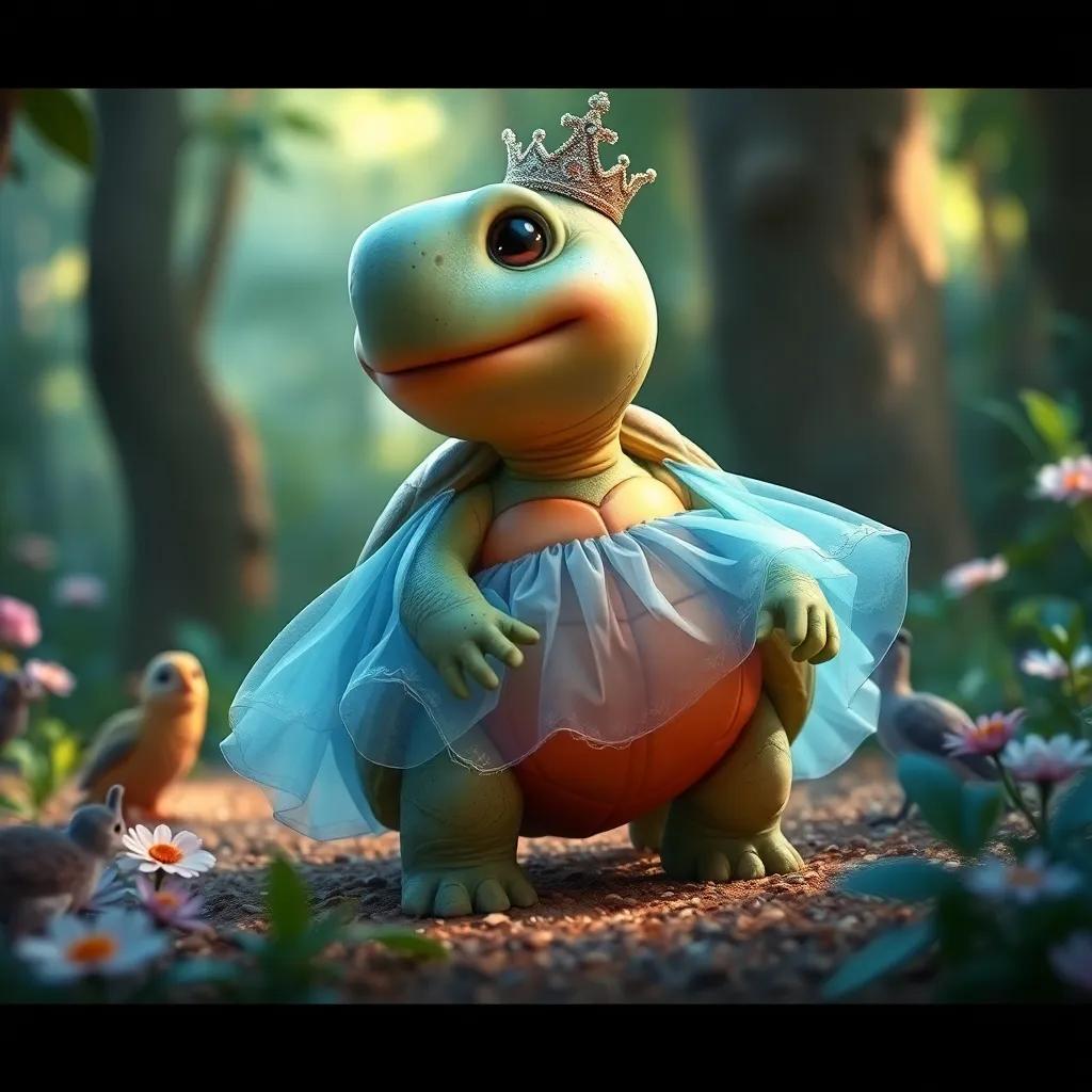 Una tortuga con un vestido de princesa azul, sonriendo mientras camina lentamente por el bosque, rodeada de flores y otros animales, estilo encantador, cálido, con iluminación natural, enfoque detallado