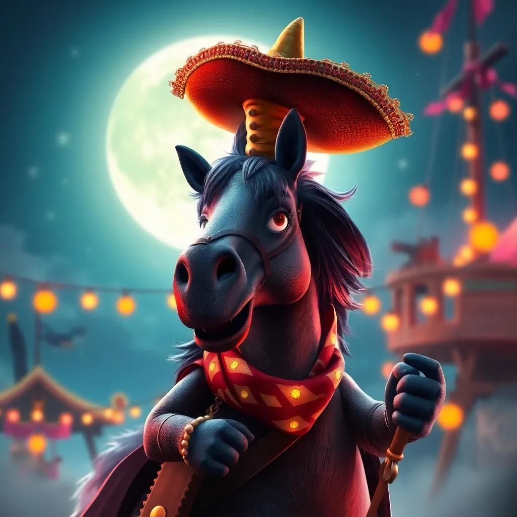 Un zorro disfrazado de pirata, con un sombrero grande y un loro de peluche, haciendo piruetas y riendo bajo la luna, imagen divertida, colores brillantes, ambiente festivo, calidad alta