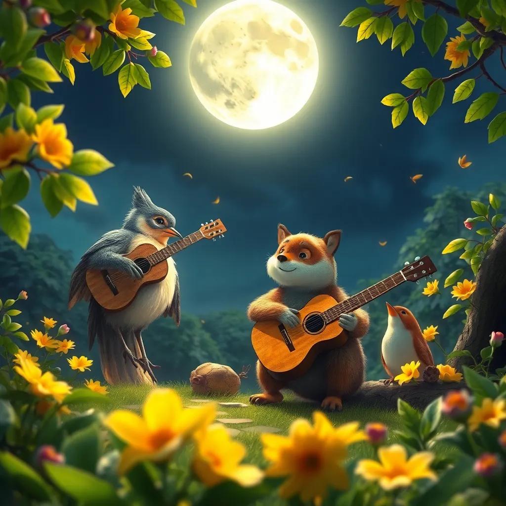 Animales de bosque bailando bajo la luna llena, rodeados de flores y hojas, un ciervo tocando la guitarra, un búho cantando, escena mágica, arte vibrante, perspectiva amplia