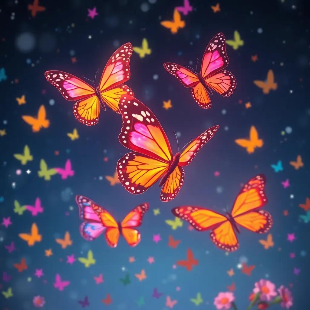 Mariposas de colores volando en el cielo nocturno, uniéndose a la fiesta de disfraces de animales, atmósfera mágica, colorido y alegre, alta calidad, enfoque artístico