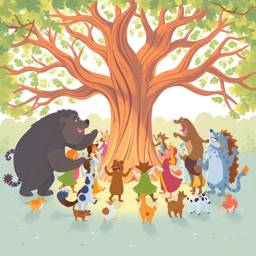 Una gran ronda de animales bailando alrededor de un árbol gigante, riendo y disfrutando juntos, ilustración feliz, cálidos colores, atmósfera festiva, logística clara