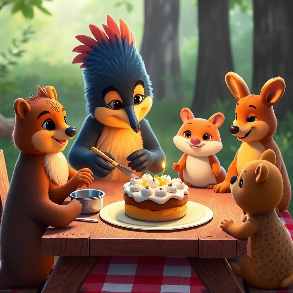 Un castor preparando bocadillos en una mesa de picnic, con una torta de nueces y miel, rodeado de amigos animales, imagen acogedora, vibrantes colores, luz suave