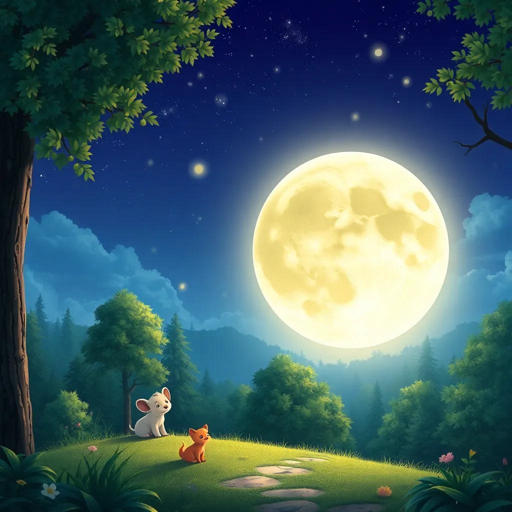 Una luna llena brillante sobre el bosque, brillando más que nunca, con animales felices bajo la luz de la luna, ilustración tranquila, colores brillantes, gran detalle