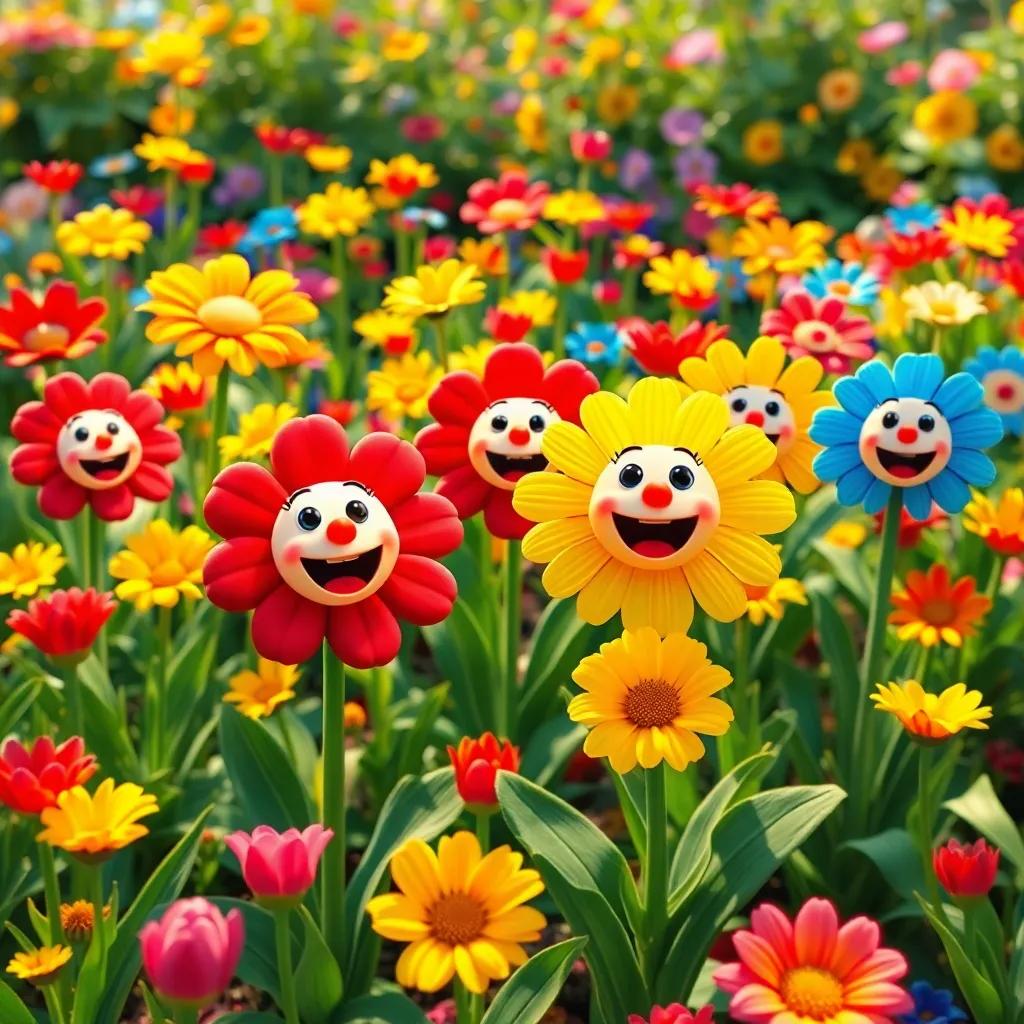A colorful garden with singing flowers of various colors such as red, yellow, and blue, the flowers with smiling faces, digital art, bright colors, cheerful atmosphere, high quality