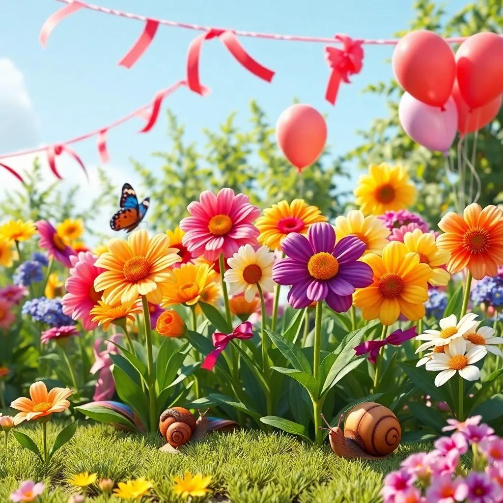 A gathering of flowers preparing for a party with ribbons and balloons in the garden, helpers like a butterfly and a snail nearby, lively colors, festive view, vibrant energy, high quality