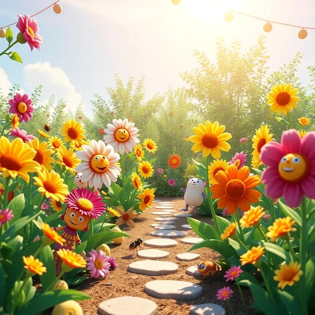 A festive scene with happy singing flowers, guests include insects and animals dancing around, the garden sparkling under the sun, nature's joy, dynamic perspective, colorful, cheerful celebration, high quality
