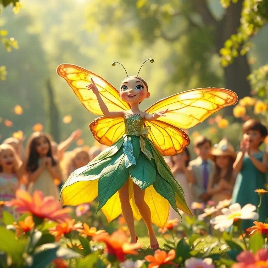 A butterfly in a shiny leaf dress performing a beautiful dance, surrounded by flowers and amazed guests, warm sunlight, vibrant colors, joyful moment, high quality