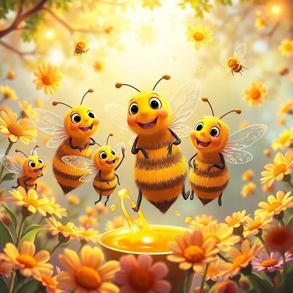 A family of bees bringing delicious honey to the party, buzzing around excitedly while flowers sing, warm light, cheerful atmosphere, colorful, happy interaction, high quality
